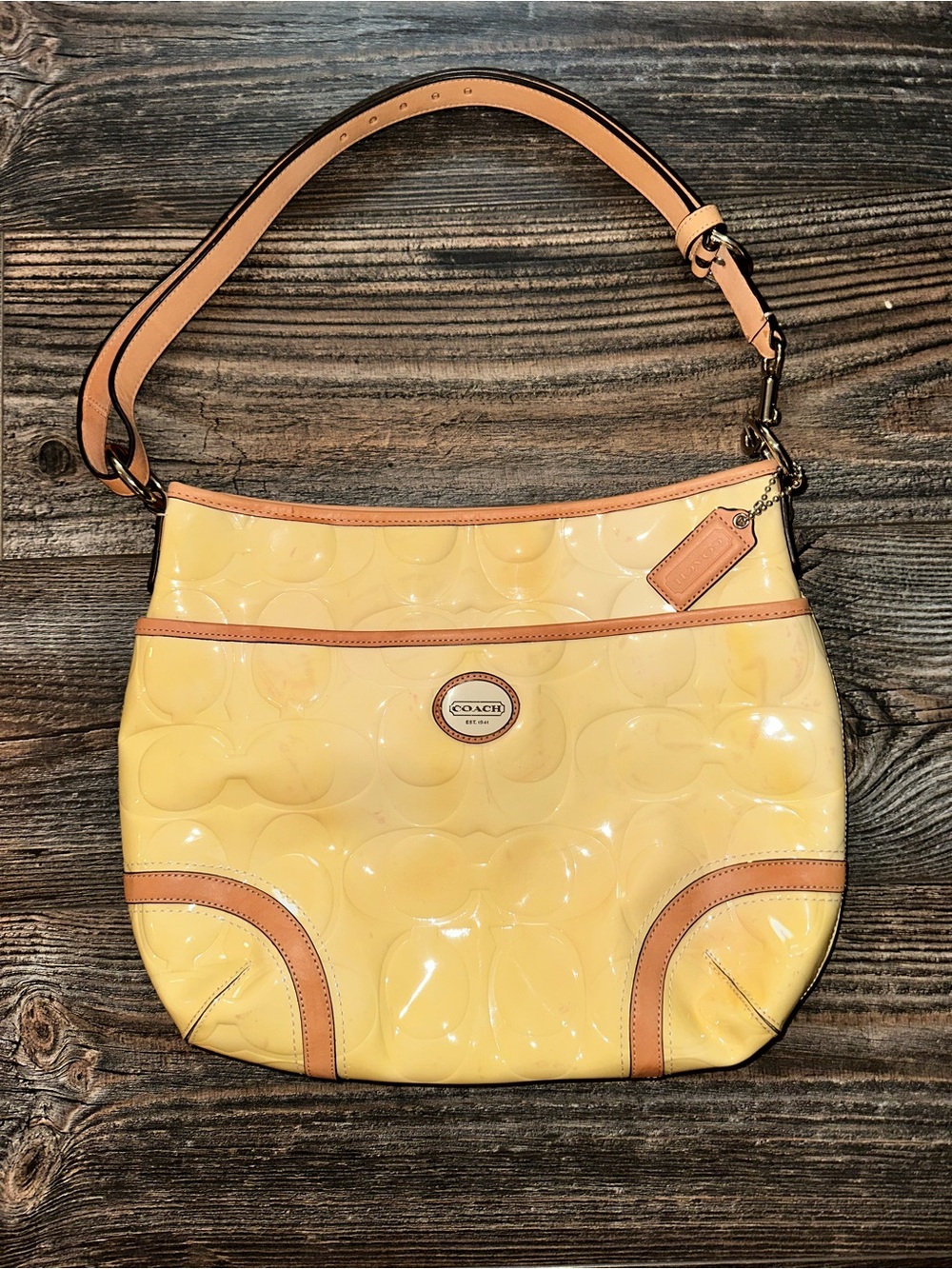 Coach “Peyton” Embossed Patent Leather Convertible Hobo w/ Tan Trim (F20022)